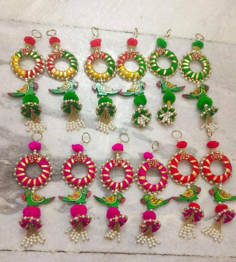 shubh labh parrot door hanging decorative  ring latkan and pom pom home temple decorations (pack of 2)