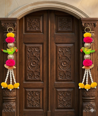 shubh labh parrot door hanging decorative  ring latkan and pom pom home temple decorations (pack of 2) 2