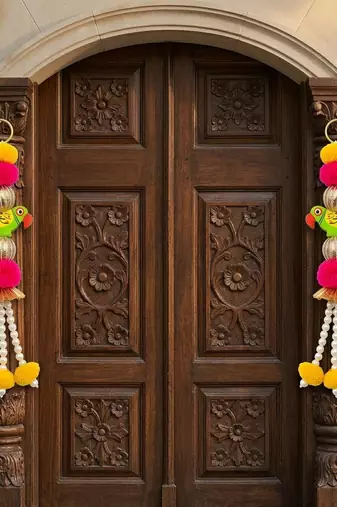 shubh labh parrot door hanging decorative  ring latkan and pom pom home temple decorations (pack of 2)