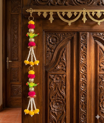 shubh labh parrot door hanging decorative  ring latkan and pom pom home temple decorations (pack of 2) 3