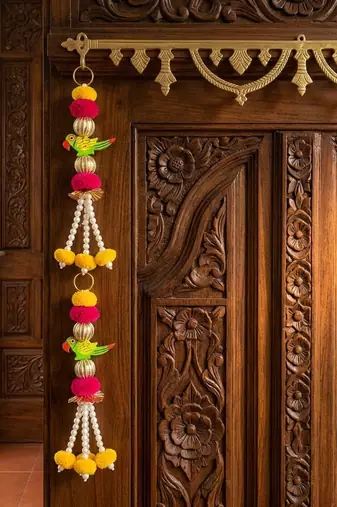 shubh labh parrot door hanging decorative  ring latkan and pom pom home temple decorations (pack of 2)