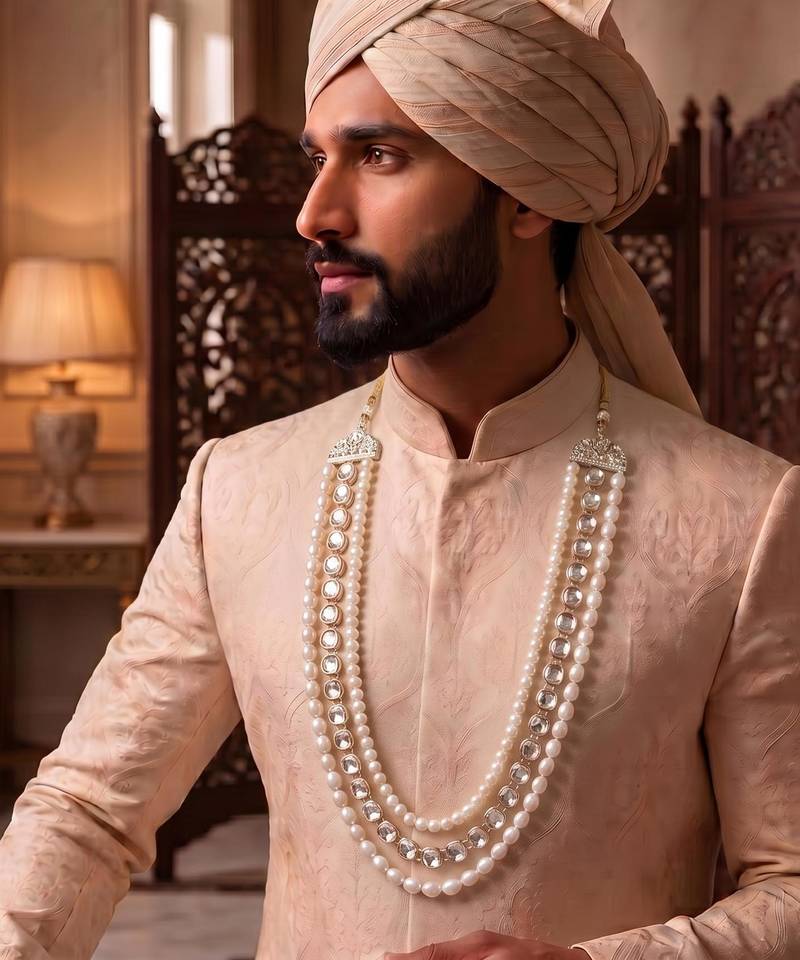 White kundan pearl necklace – elegant groom wedding jewellery