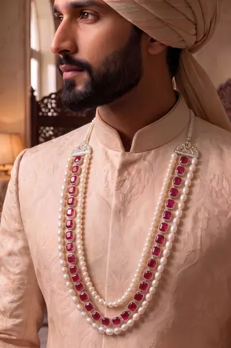 Maroon kundan pearl sherwani necklace – elegant traditional jewellery