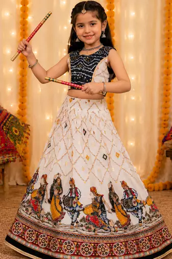 Nevy blue rayon cotton printed chaniya choli for navratri for kid