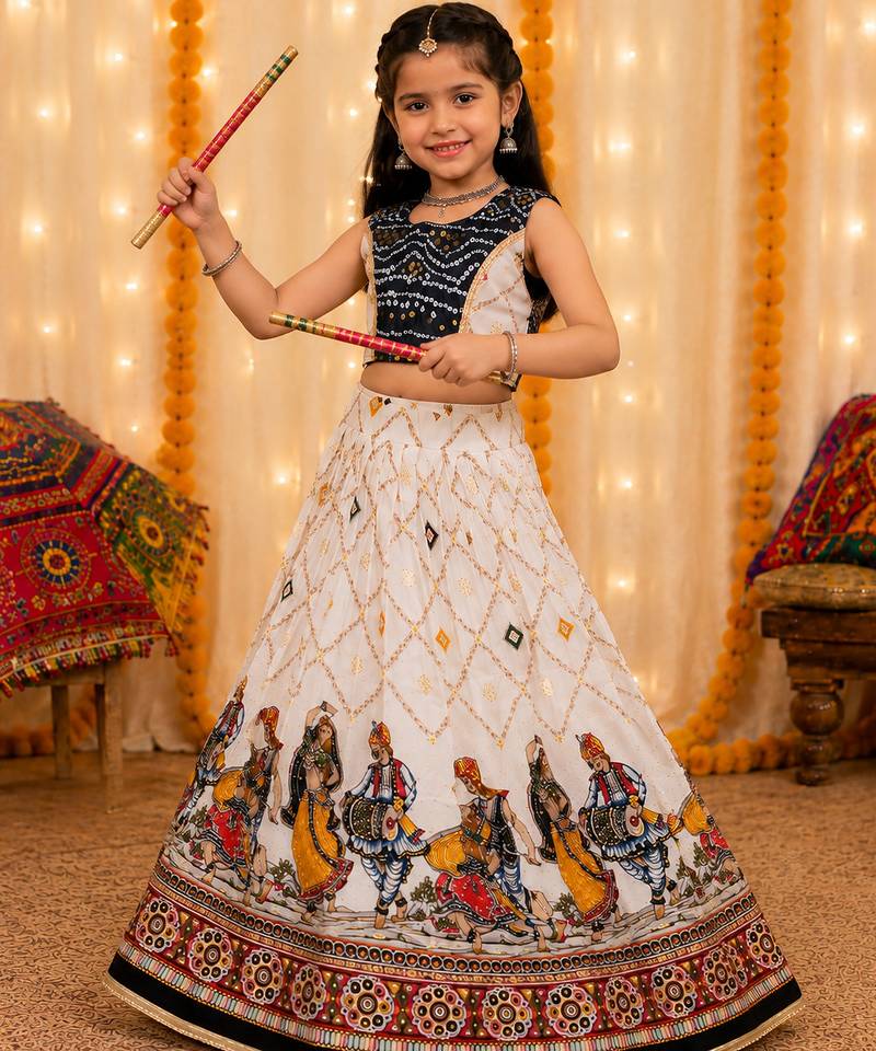 Nevy blue rayon cotton printed chaniya choli for navratri for kid