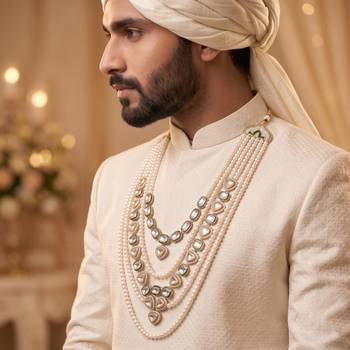 Green kundan pearl necklace for men – traditional wedding jewellery 5