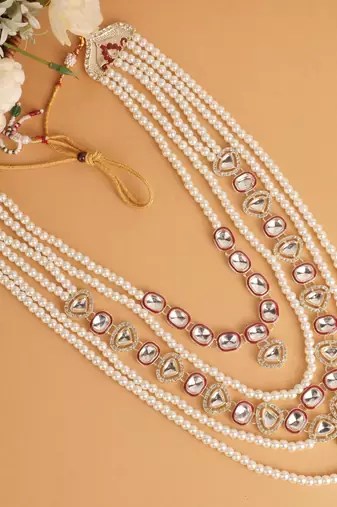 Maroon kundan pearl necklace for men – designer groom jewellery