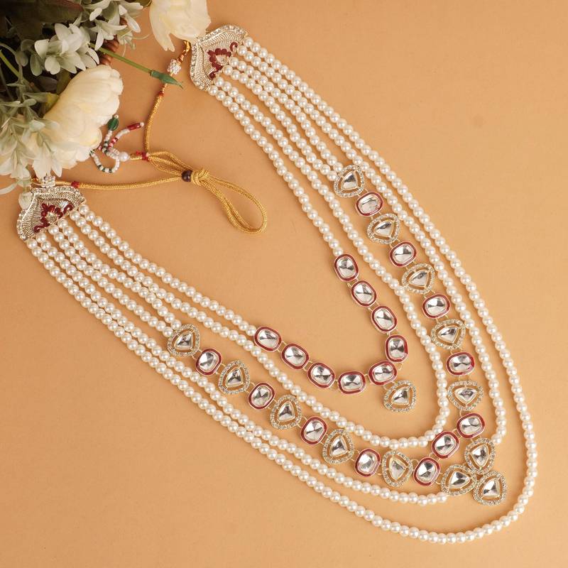 Maroon kundan pearl necklace for men – designer groom jewellery