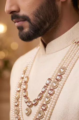 Maroon kundan pearl necklace for men – designer groom jewellery