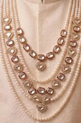Maroon kundan pearl necklace for men – designer groom jewellery