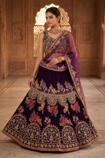 Wine Purple Embroidered Lehenga Choli with Dupatta for Women
