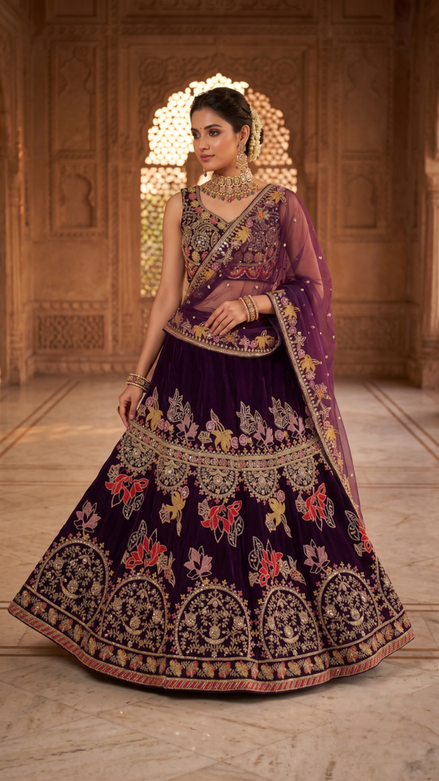 Wine Purple Embroidered Lehenga Choli with Dupatta for Women