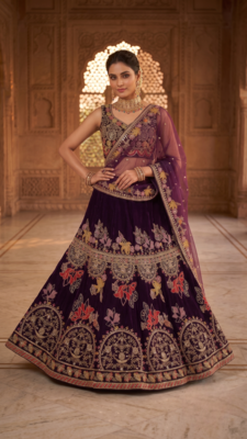 Wine Purple Embroidered Lehenga Choli with Dupatta for Women 2