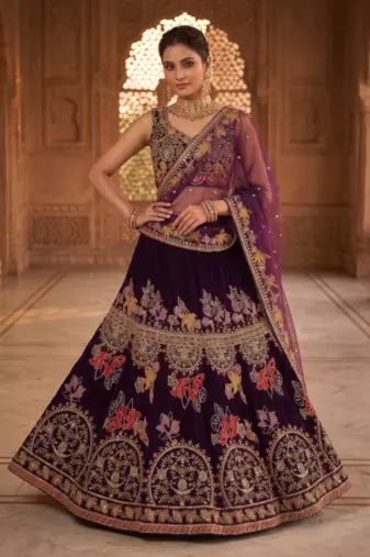 Wine Purple Embroidered Lehenga Choli with Dupatta for Women