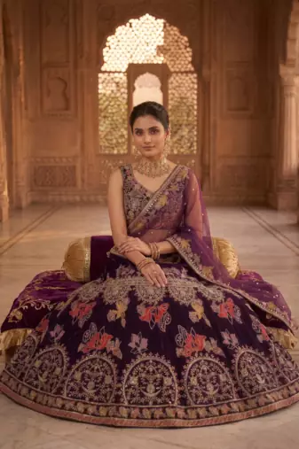 Wine Purple Embroidered Lehenga Choli with Dupatta for Women