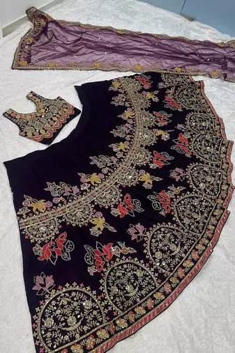 Wine Purple Embroidered Lehenga Choli with Dupatta for Women