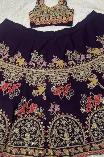 Wine Purple Embroidered Lehenga Choli with Dupatta for Women