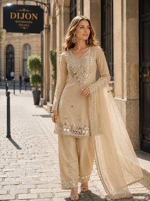 beige shimmer silk blend   semi stitched suit with embroidery & mirror work 1