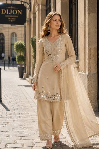 beige shimmer silk blend   semi stitched suit with embroidery & mirror work