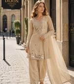 beige shimmer silk blend   semi stitched suit with embroidery & mirror work