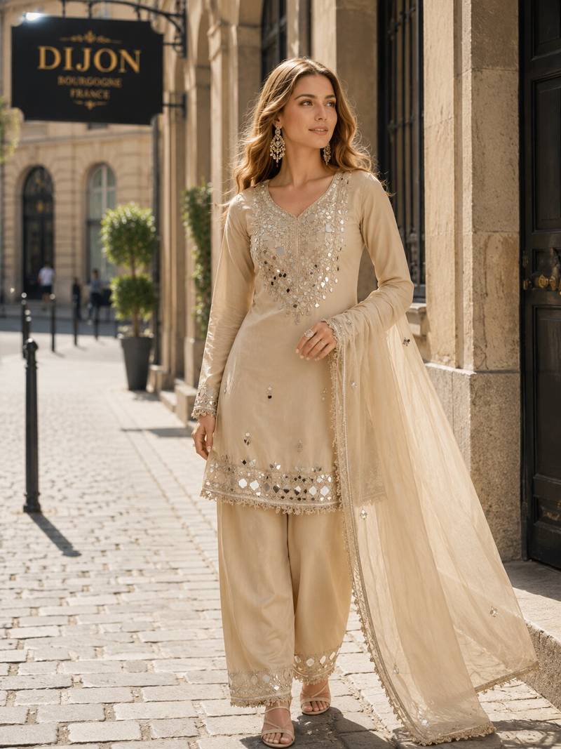beige shimmer silk blend   semi stitched suit with embroidery & mirror work