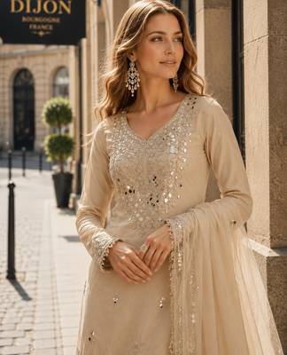 beige shimmer silk blend   semi stitched suit with embroidery & mirror work 2
