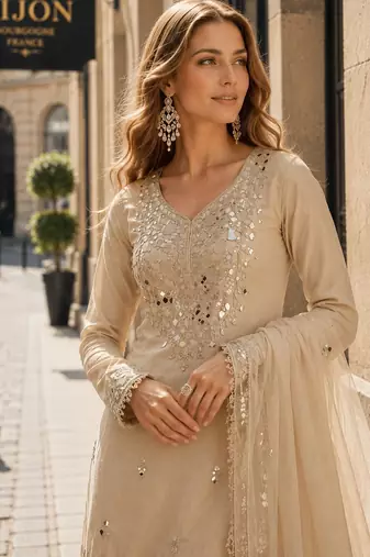 beige shimmer silk blend   semi stitched suit with embroidery & mirror work