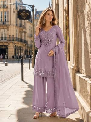 lavender shimmer silk blend   semi stitched suit with embroidery & mirror work 1
