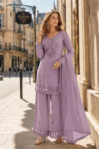 lavender shimmer silk blend   semi stitched suit with embroidery & mirror work