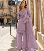 lavender shimmer silk blend   semi stitched suit with embroidery & mirror work