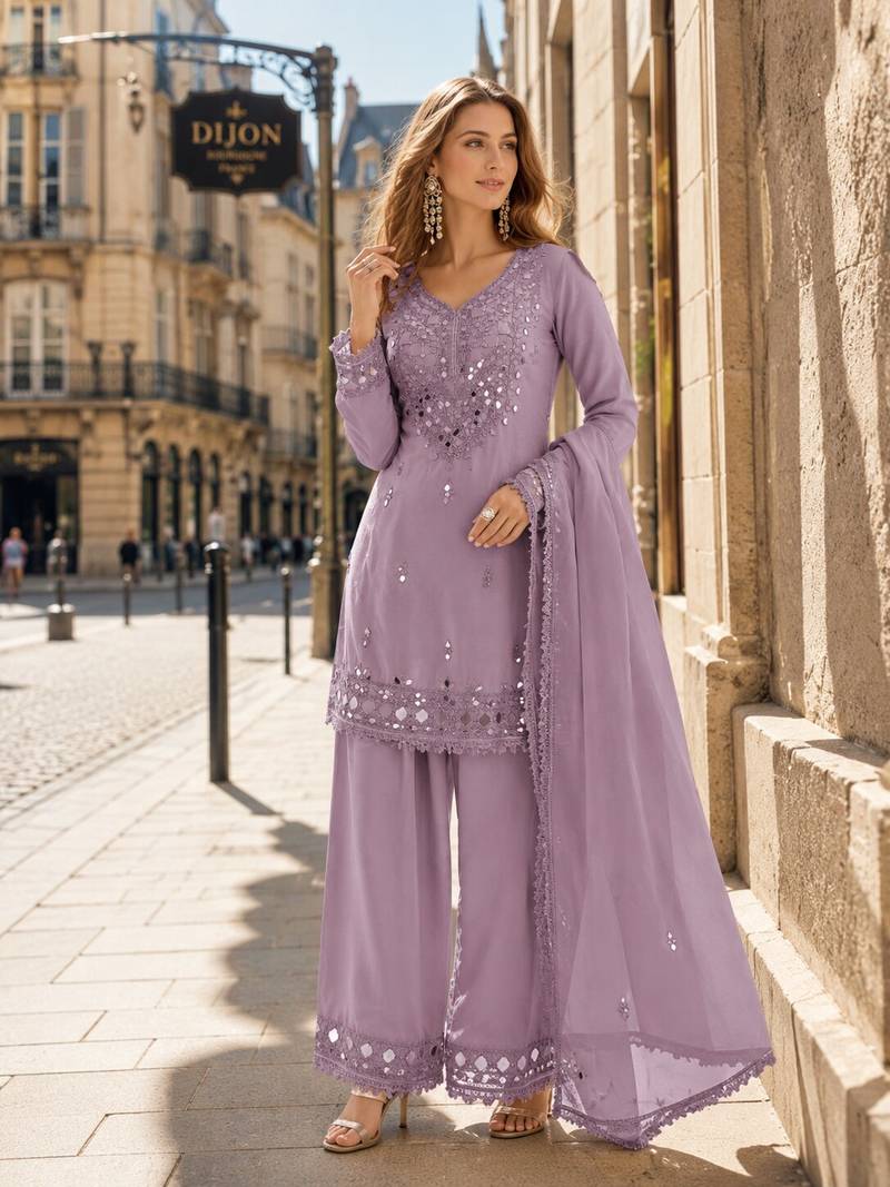 lavender shimmer silk blend   semi stitched suit with embroidery & mirror work