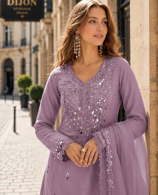 lavender shimmer silk blend   semi stitched suit with embroidery & mirror work 2