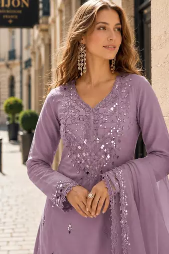 lavender shimmer silk blend   semi stitched suit with embroidery & mirror work