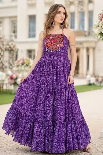 purple georgette navratri free size stitched anarkali suit with bandhani printed work