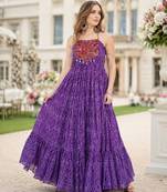 purple georgette navratri free size stitched anarkali suit with bandhani printed work