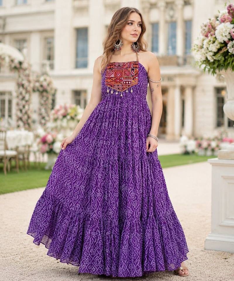 purple georgette navratri free size stitched anarkali suit with bandhani printed work