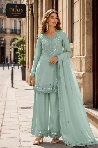 sky shimmer silk blend   semi stitched suit with embroidery & mirror work