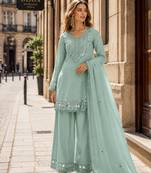 sky shimmer silk blend   semi stitched suit with embroidery & mirror work