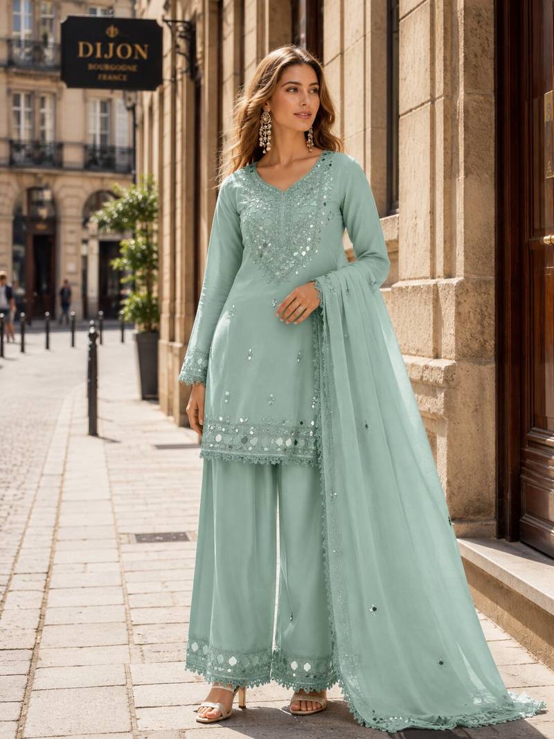 sky shimmer silk blend   semi stitched suit with embroidery & mirror work
