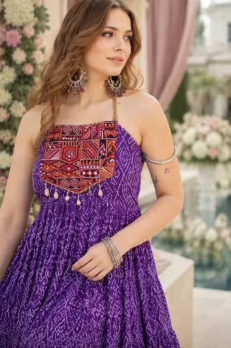 purple georgette navratri free size stitched anarkali suit with bandhani printed work