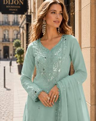 sky shimmer silk blend   semi stitched suit with embroidery & mirror work 2