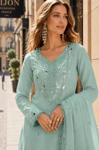 sky shimmer silk blend   semi stitched suit with embroidery & mirror work