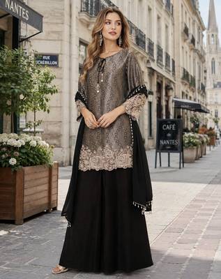 black chinon free size stitched plazzo suit with embroidery work 1