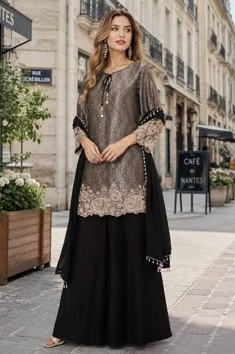 black chinon free size stitched plazzo suit with embroidery work
