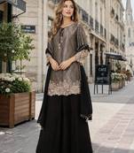 black chinon free size stitched plazzo suit with embroidery work