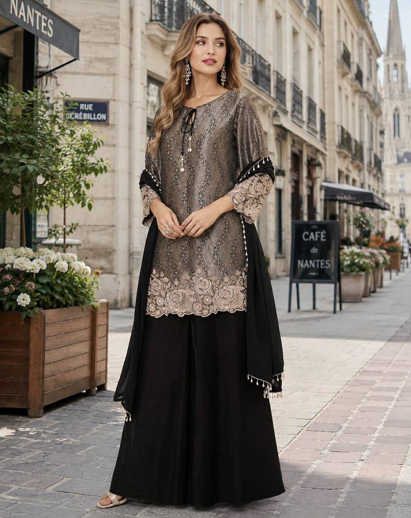 black chinon free size stitched plazzo suit with embroidery work