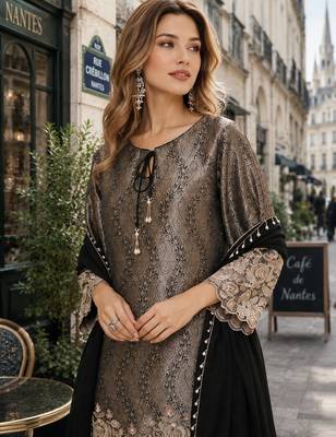 black chinon free size stitched plazzo suit with embroidery work 2