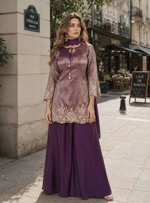 purple chinon free size stitched plazzo suit with embroidery work 1