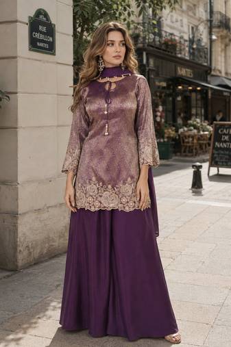 purple chinon free size stitched plazzo suit with embroidery work