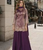 purple chinon free size stitched plazzo suit with embroidery work
